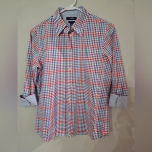 Chaps Plaid Ladies Button Down Shirt 3/4 Foldup Sleeves